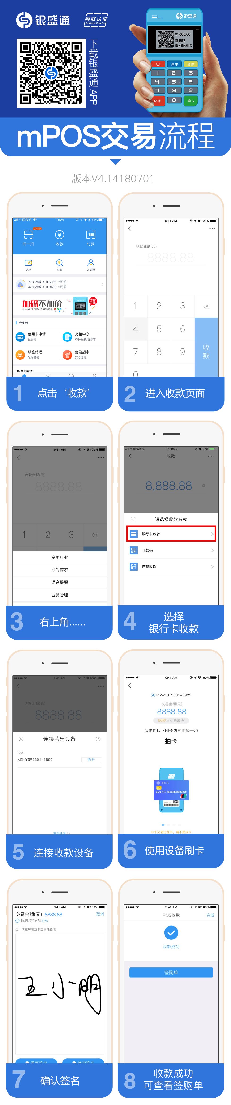 1.點(diǎn)擊收款2.進(jìn)入收款頁(yè)面3.右上角....4.選擇銀行卡收款5.連接收款設(shè)備6.使用設(shè)備刷卡7.確認(rèn)簽名8.收款成功可查看簽購(gòu)單_20200331110234.jpg