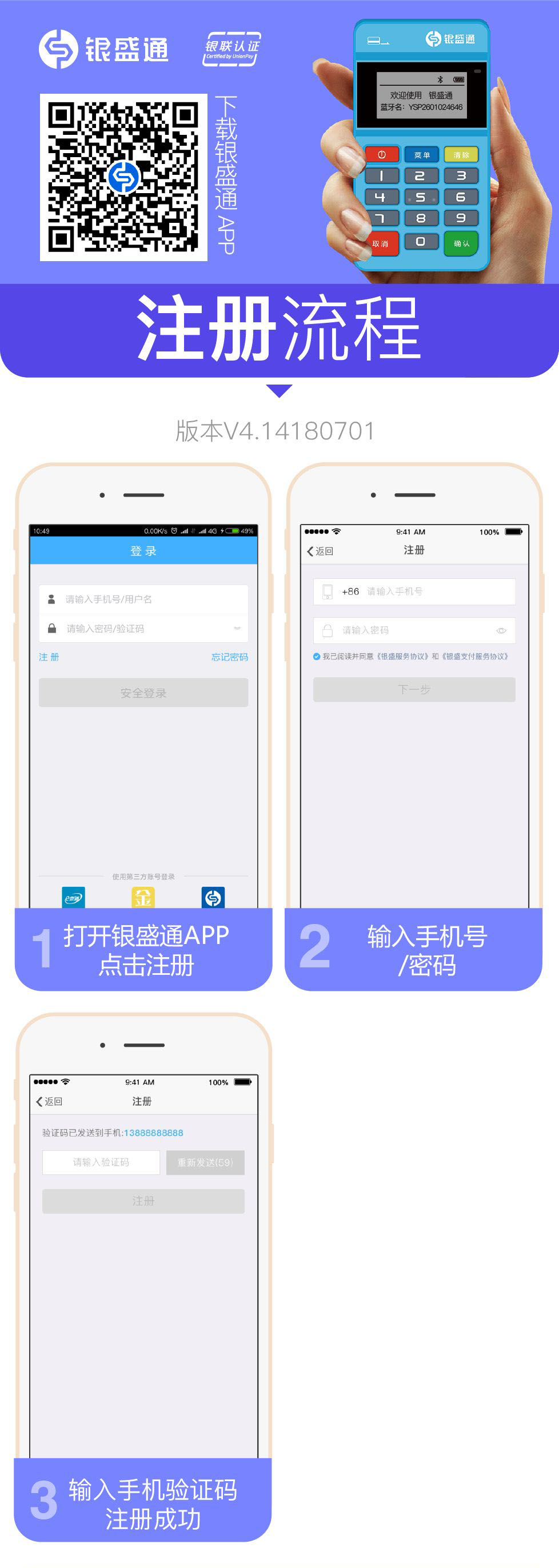 1.打開(kāi)銀盛通APP點(diǎn)擊注冊(cè)2.輸入手機(jī)號(hào)/密碼3.輸入手機(jī)驗(yàn)證碼注冊(cè)成功_20200331105210.jpg